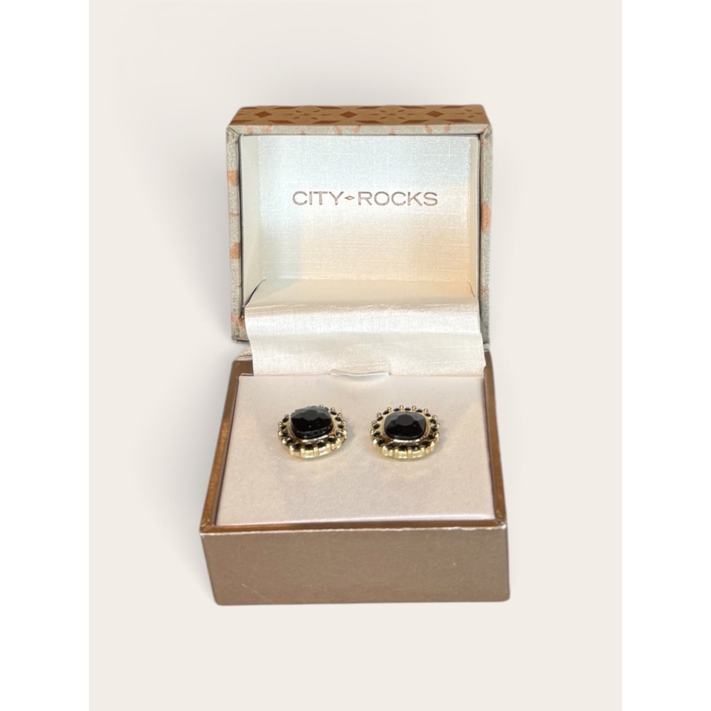City Rocks Black Cushion Cut Stud Earrings Gold Tone Halo New In Box